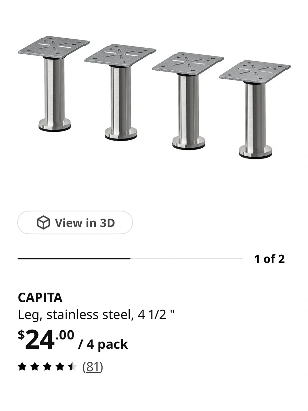 IKEA Capita Stainless Steel Furniture Legs, 4-Pack, Brushed Silver